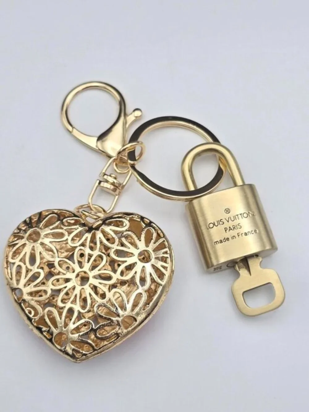 Louis Vuitton Authentic Gold Padlock 🔒Key + Unbranded Heart Keychain Bag Charm